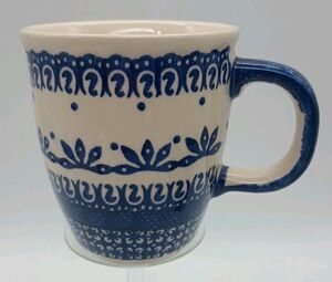 Polish Boleslawiec Blue  Mug Hand Painted 3.75” Folk Art Pottery